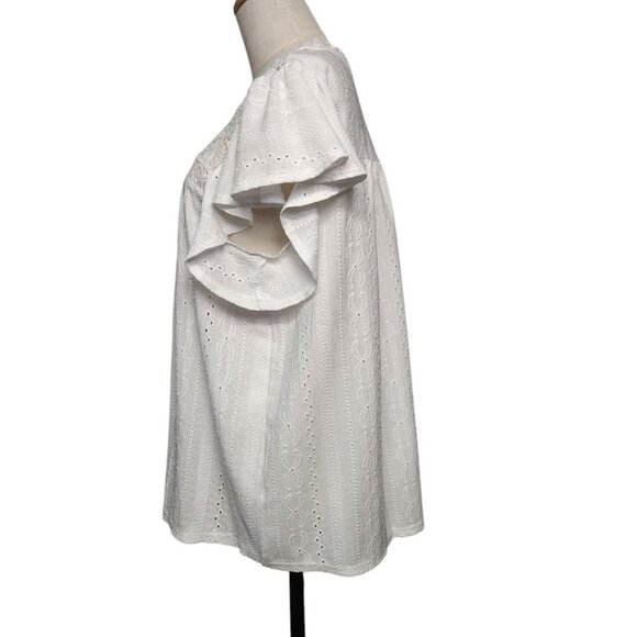 Cato Size XL Blouse Short Flutter Sleeve Eyelet Crochet White Cottage Coastal - Picture 5 of 8